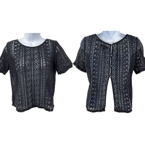 American Eagle Lace Crochet Knit Open Back Short Sleeve Top Button Back - Picture 1 of 8